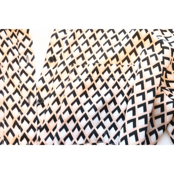 Geometric Print Tie Waist Dress Long Sleeve Black Button Vintage Retro 70s - Picture 8 of 9